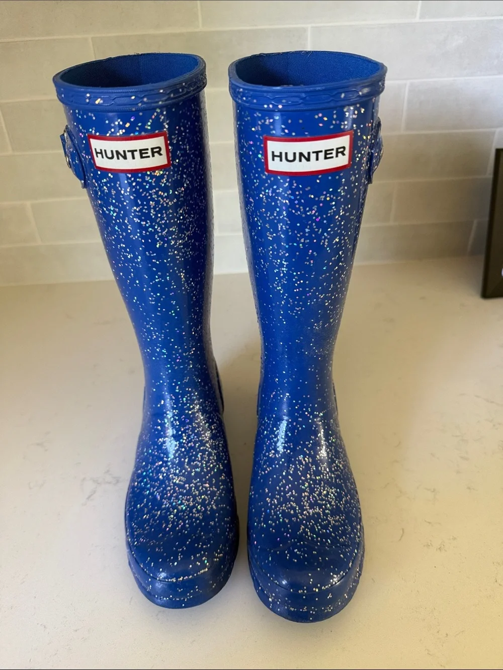 Kids Hunter Tall Glitter Rain Boots - Royal Blue with Silver Sparkle